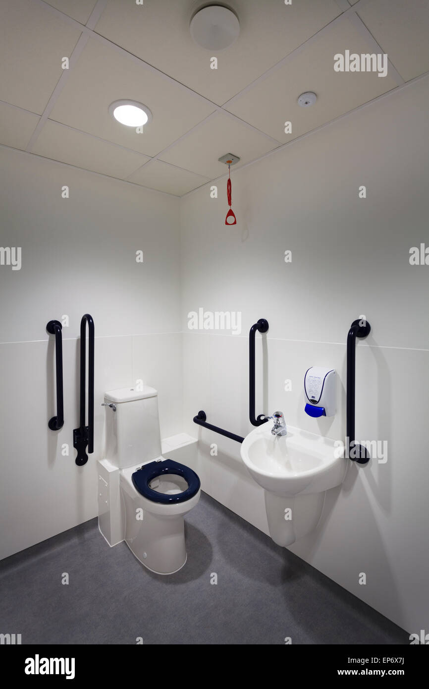 Unoccupied disabled toilet with hand basin and grab rails Stock Photo