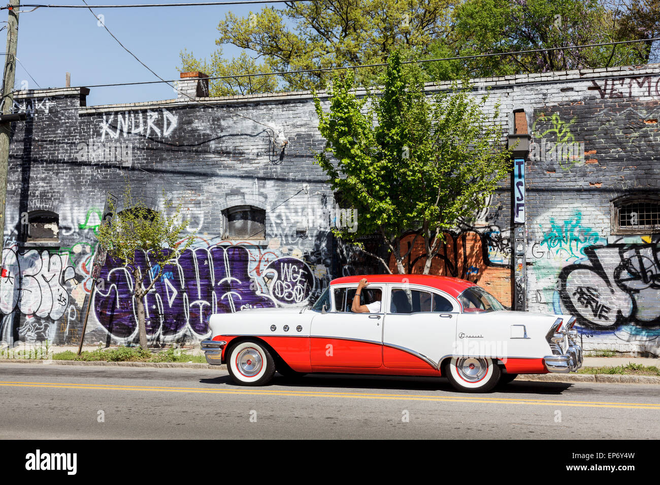Vintage 50's Buick Special and graffiti, Inman Park, Atlanta, Georgia, USA Stock Photo