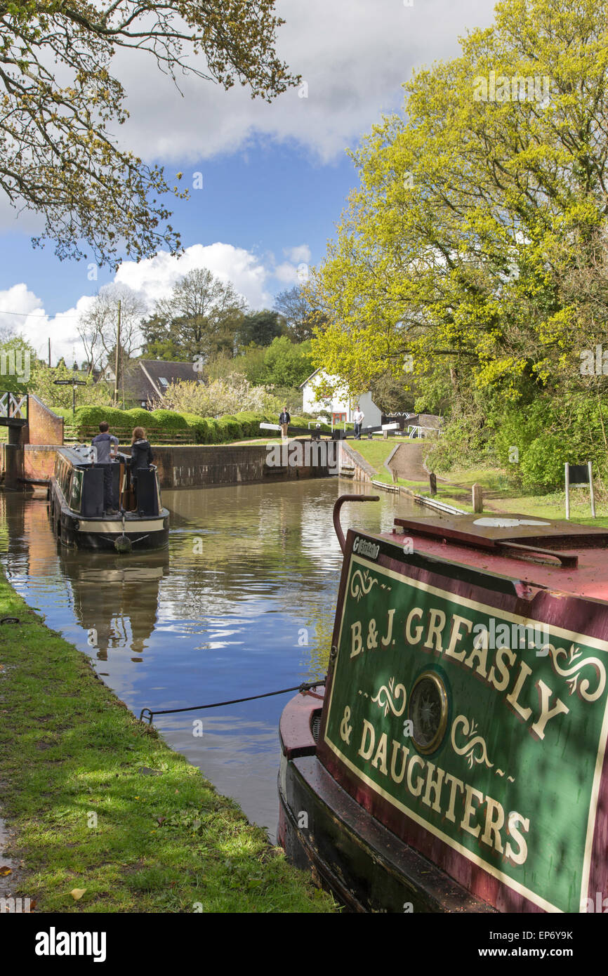 Narrowboats moored on the Grand Union Canal at Kingswood junction, Lapworth, Warwickshire, England, UK Stock Photo