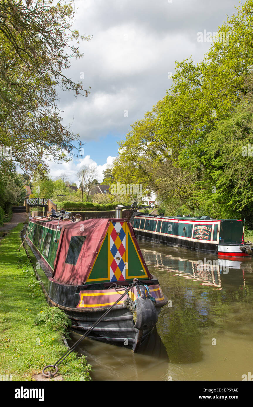 Narrowboats moored on the Grand Union Canal at Kingswood junction, Lapworth, Warwickshire, England, UK Stock Photo