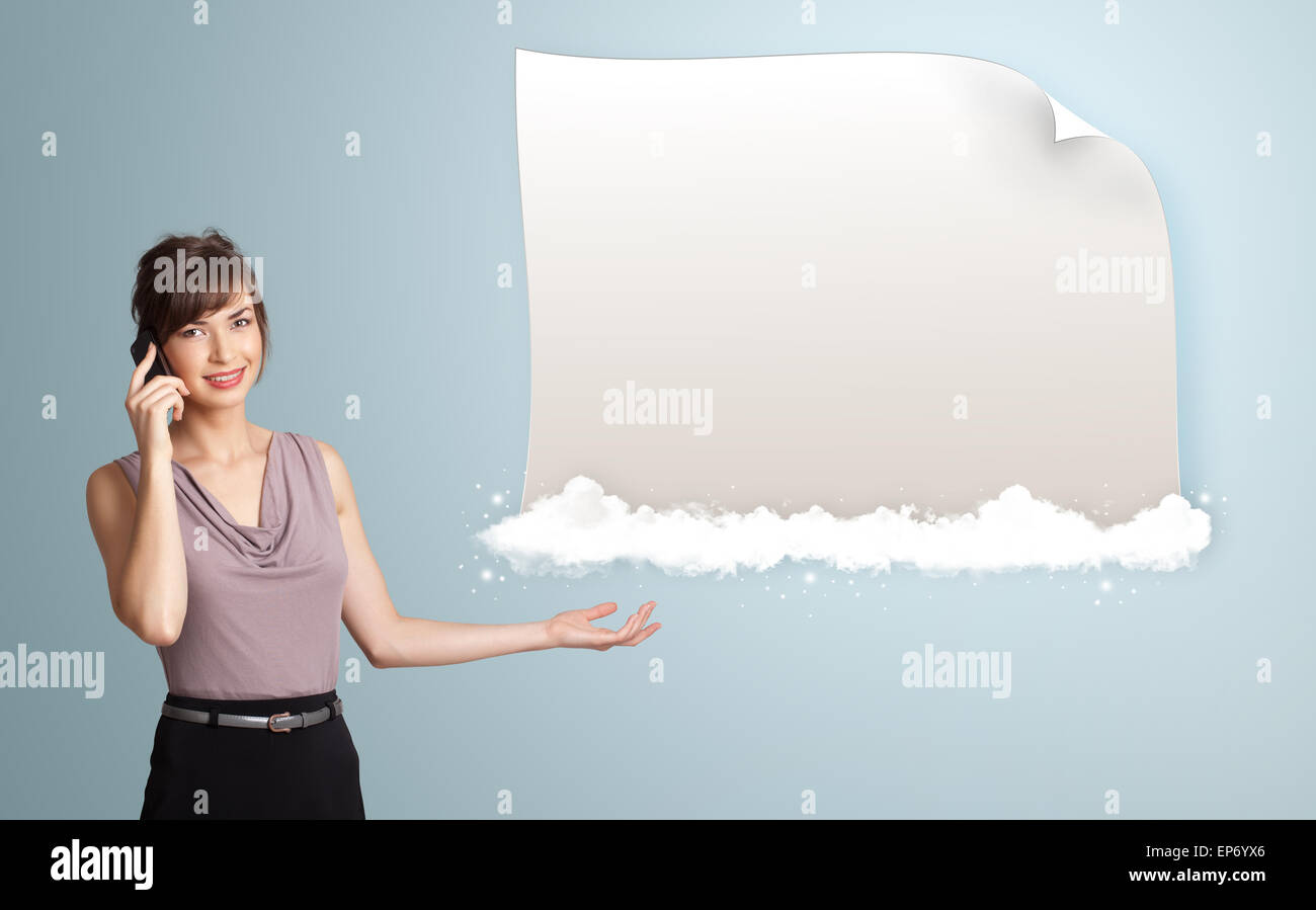 pretty woman making phone call and presenting modern copy space on ...