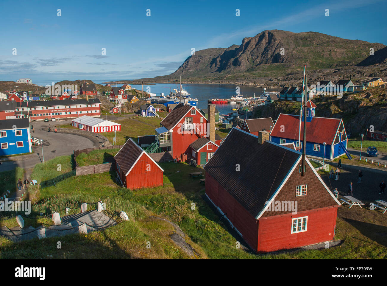 View of Sisimiut museum area and harbour in western Greenland during summer season. Taken gorgeous sunny day Stock Photo