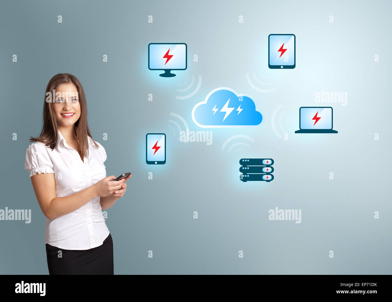 Young woman holding a phone with cloud computing network Stock Photo ...