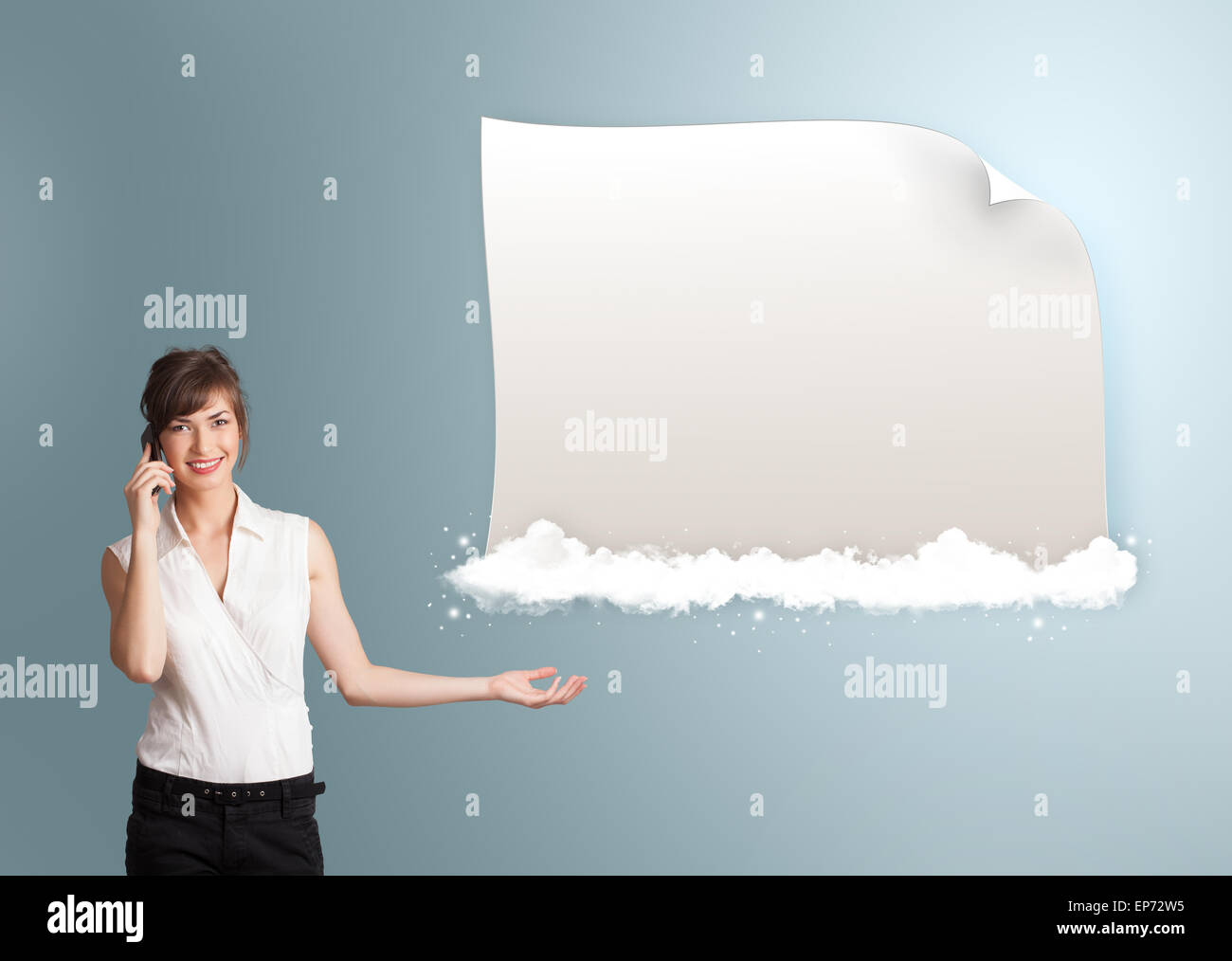 pretty woman making phone call and presenting modern copy space on ...