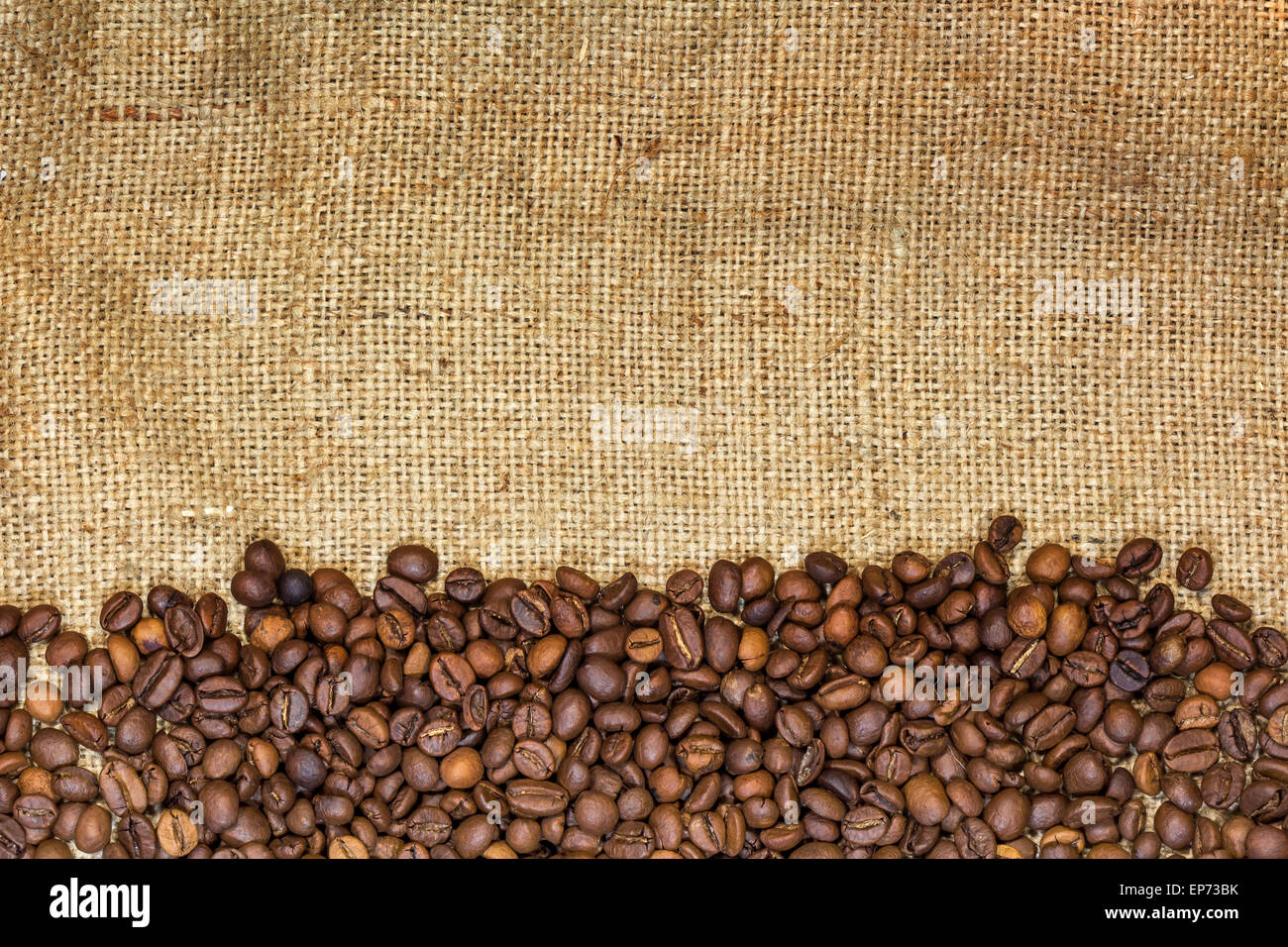 Roasted coffee beans on a sack Stock Photo