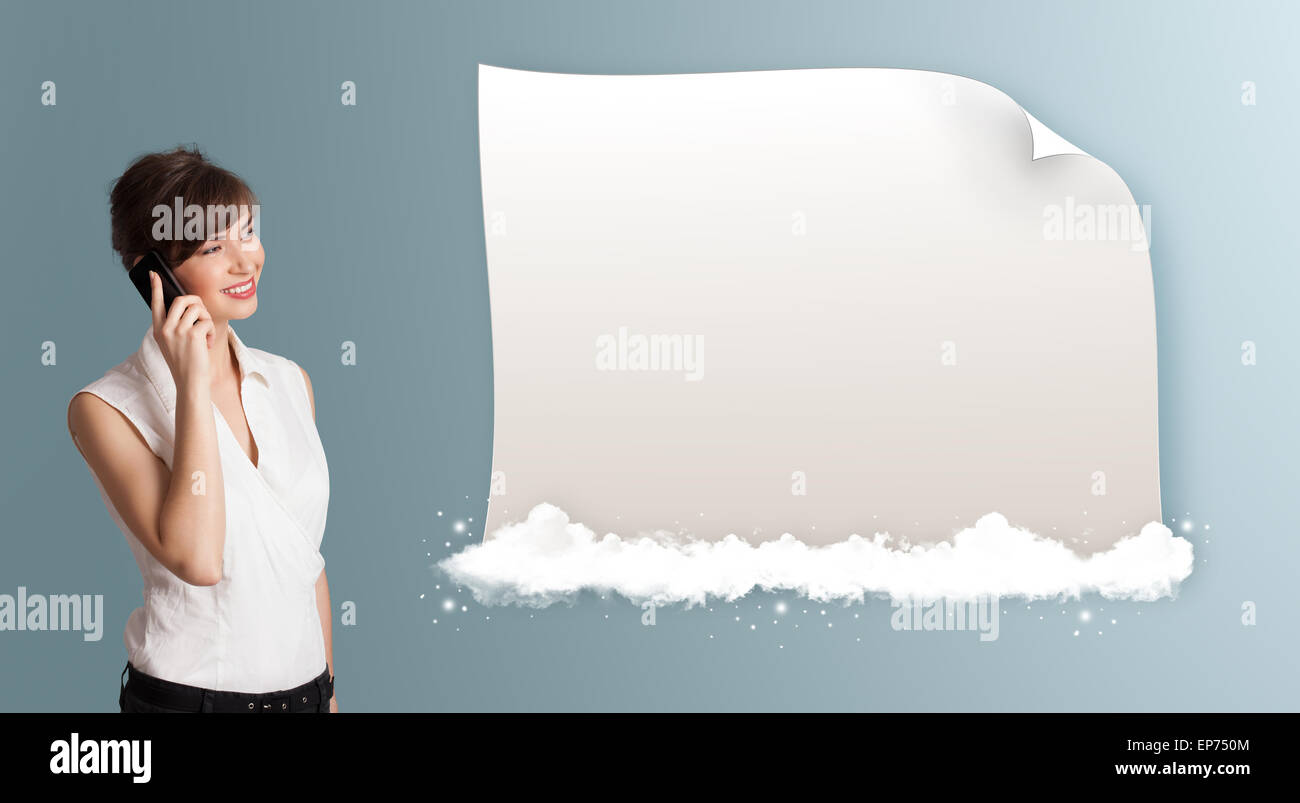 pretty woman making phone call and presenting modern copy space on ...