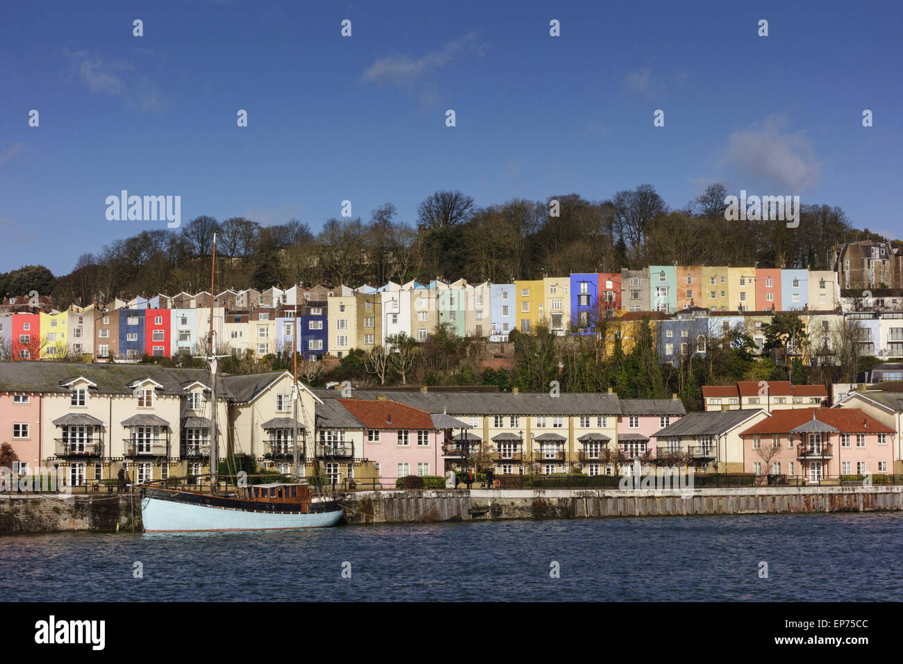 View of colourful terraced houses from Baltic Wharf Marina across