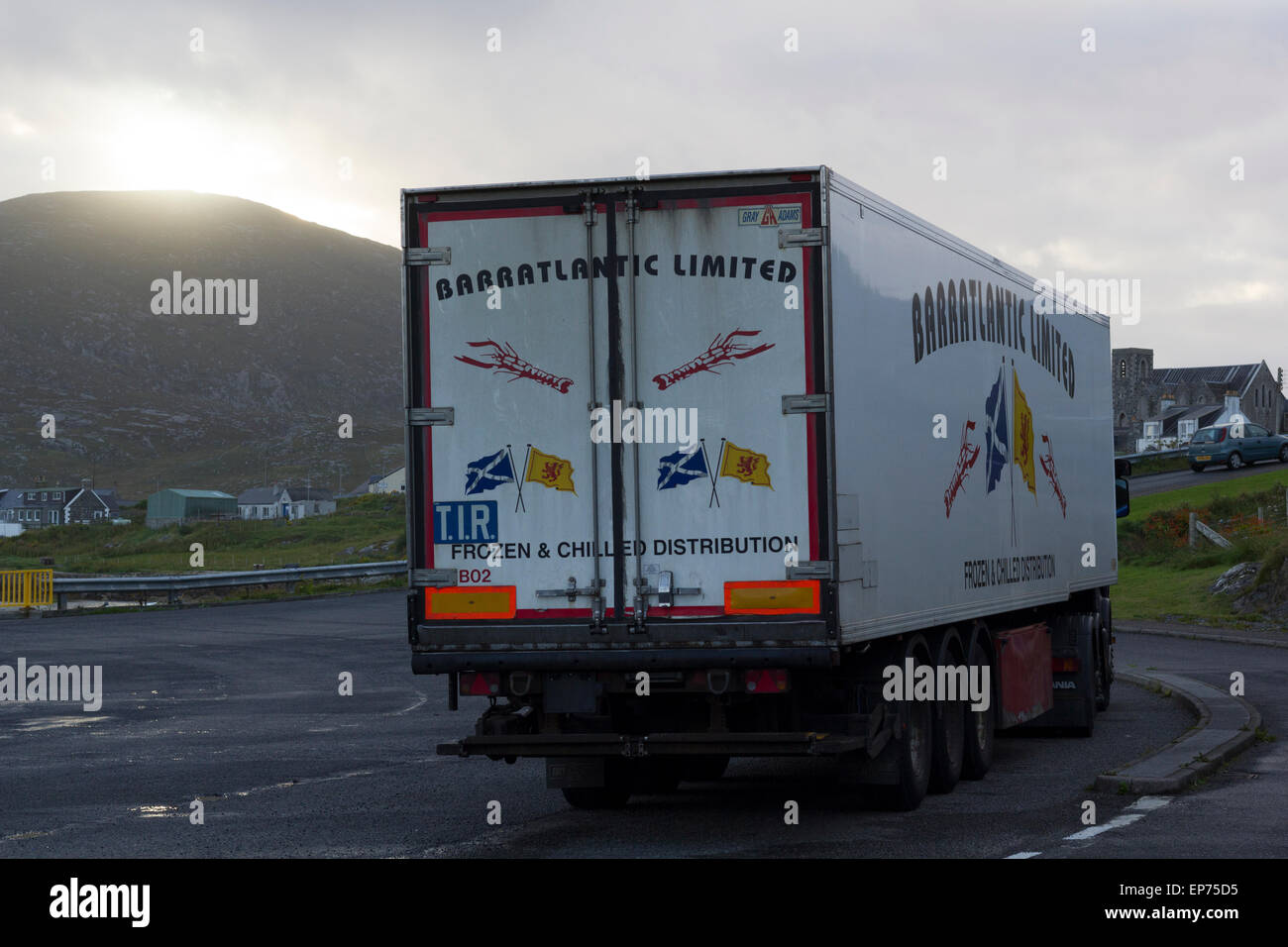 Seafood Truck Waiting To Board Ferry, Isle Of Barra, Scotland Stock Photo