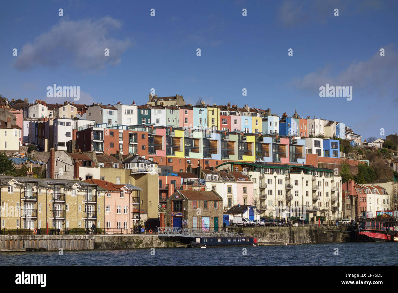 View of colourful terraced houses from Baltic Wharf Marina across