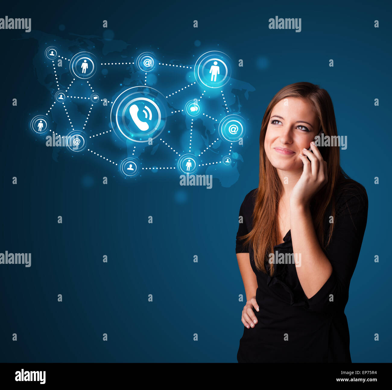 Pretty girl making phone call with social network icons Stock Photo - Alamy