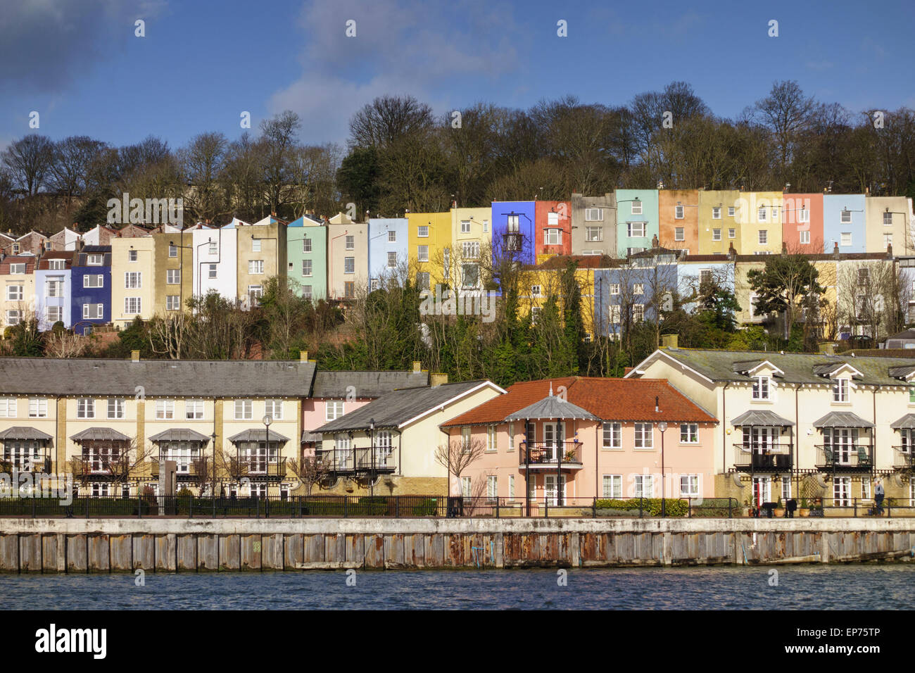 View of colourful terraced houses from Baltic Wharf Marina across