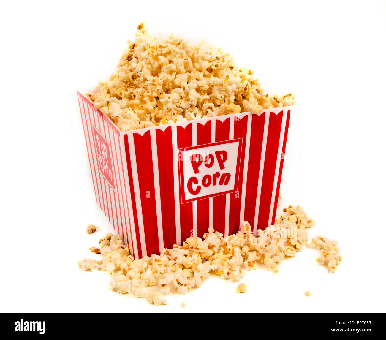 Large Bucket Of Fresh Popped Popcorn Overflowing On White Background Stock Photo