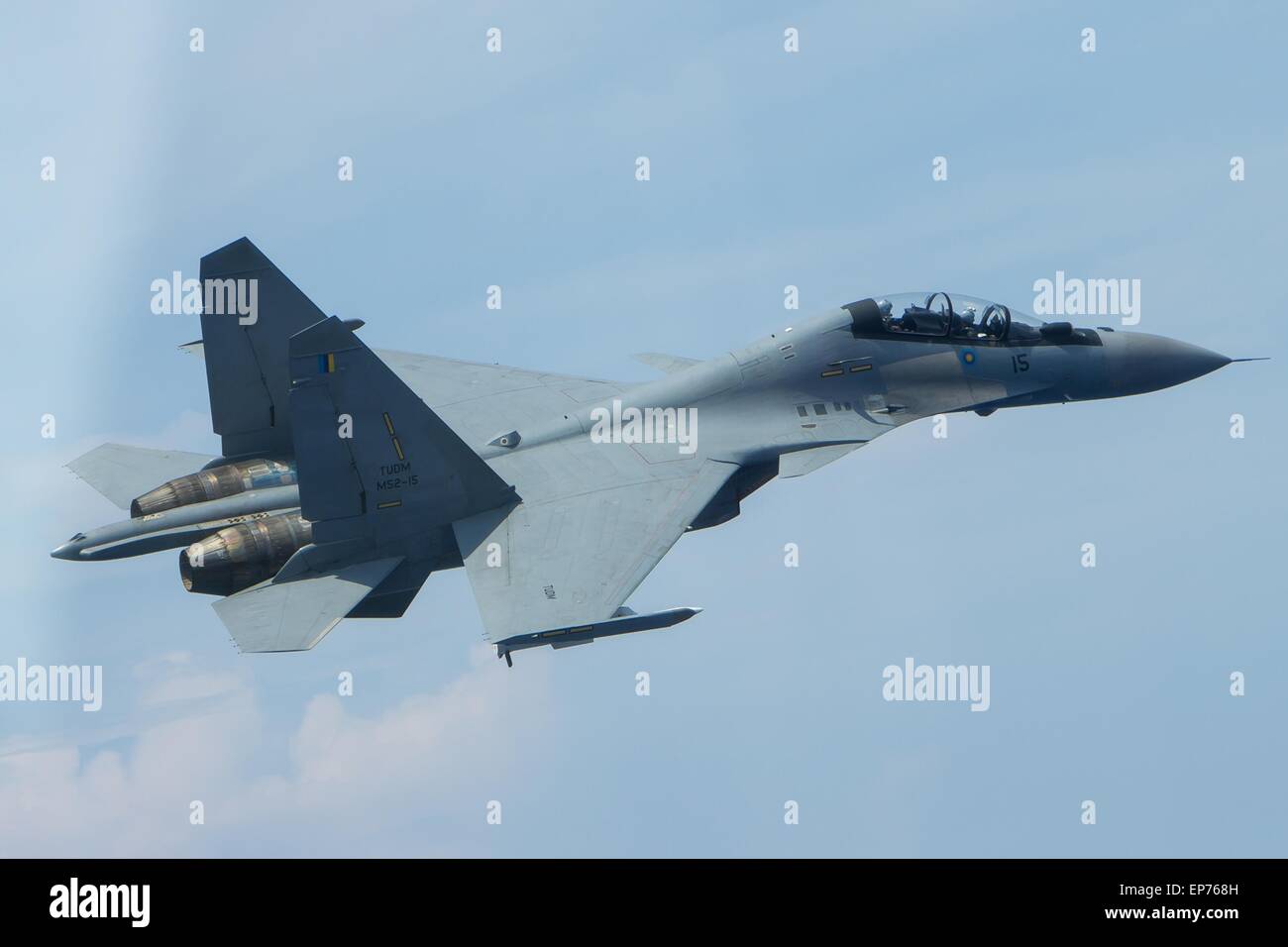 A Russian made Royal Malaysian Air Force Sukhoi SU-30MKM Flanker H fighter during a joint exercise with the aircraft carrier USS Carl Vinson May 10, 2015 in the South China Sea. Stock Photo