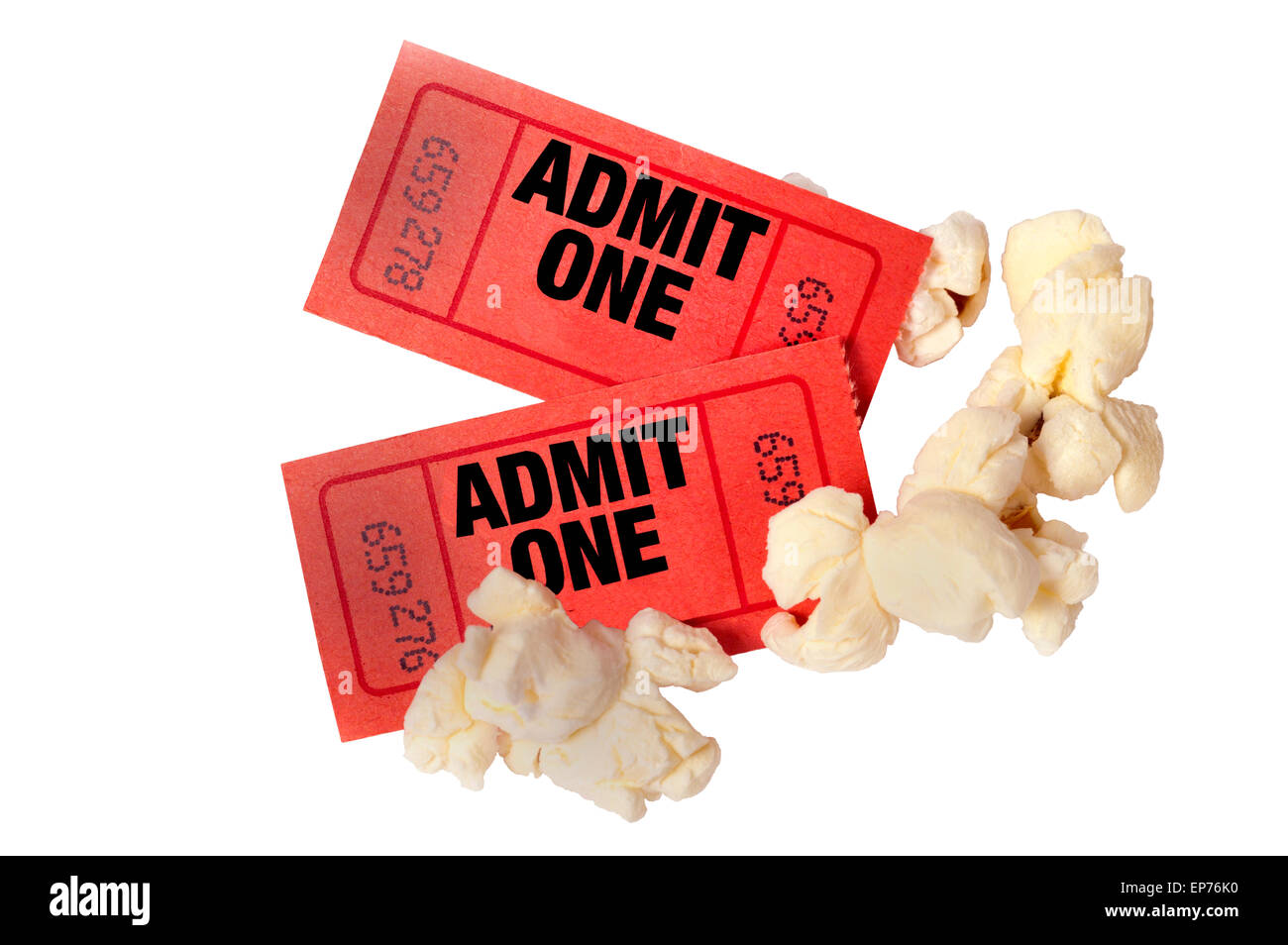 Popcorn And A Movie. Popcorn With Red Movie Tickets Isolated On White Stock Photo