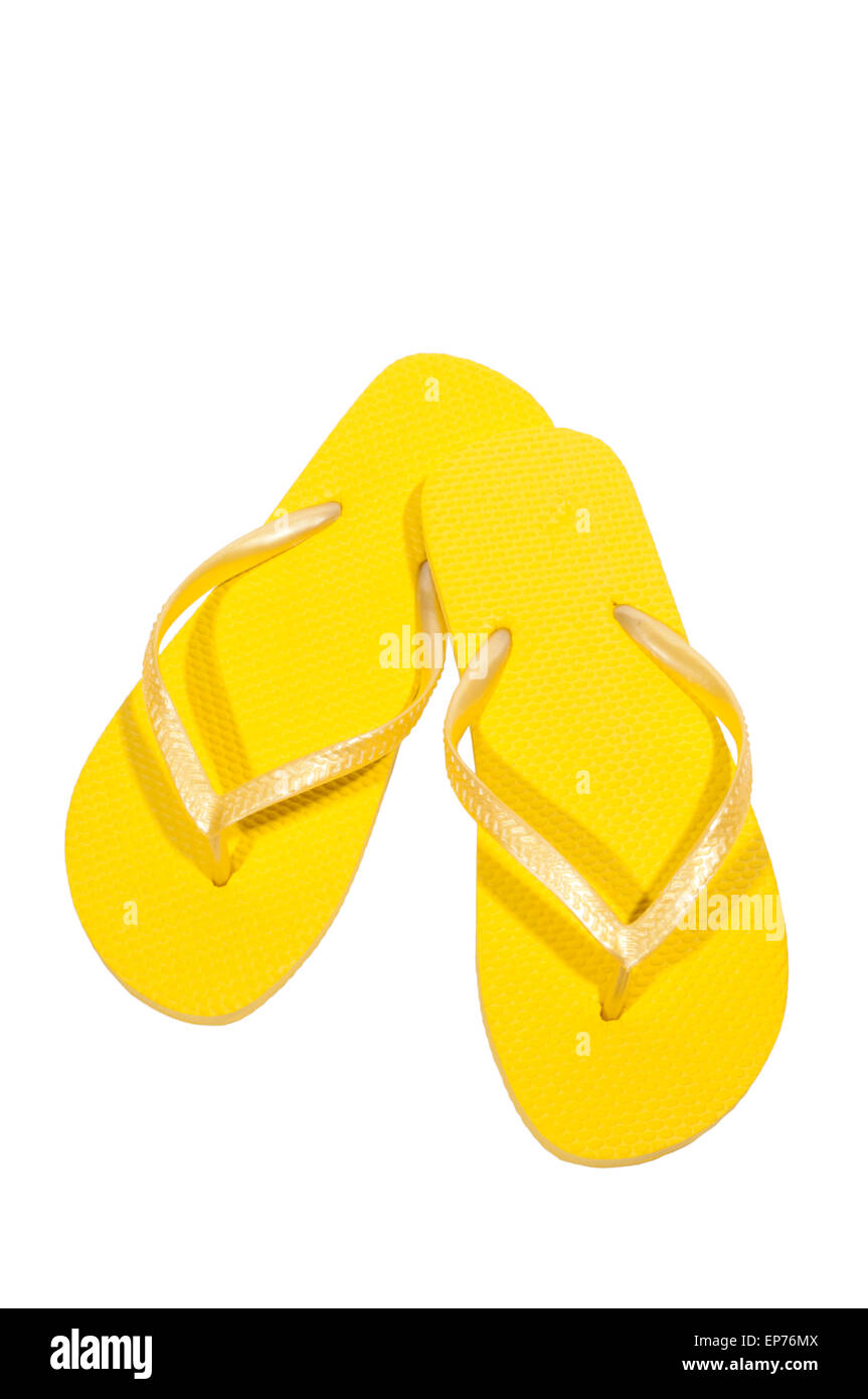 Yellow Thongs Or Flip Flops Summertime Fun Time For Vacation Vertical Shot Stock Photo