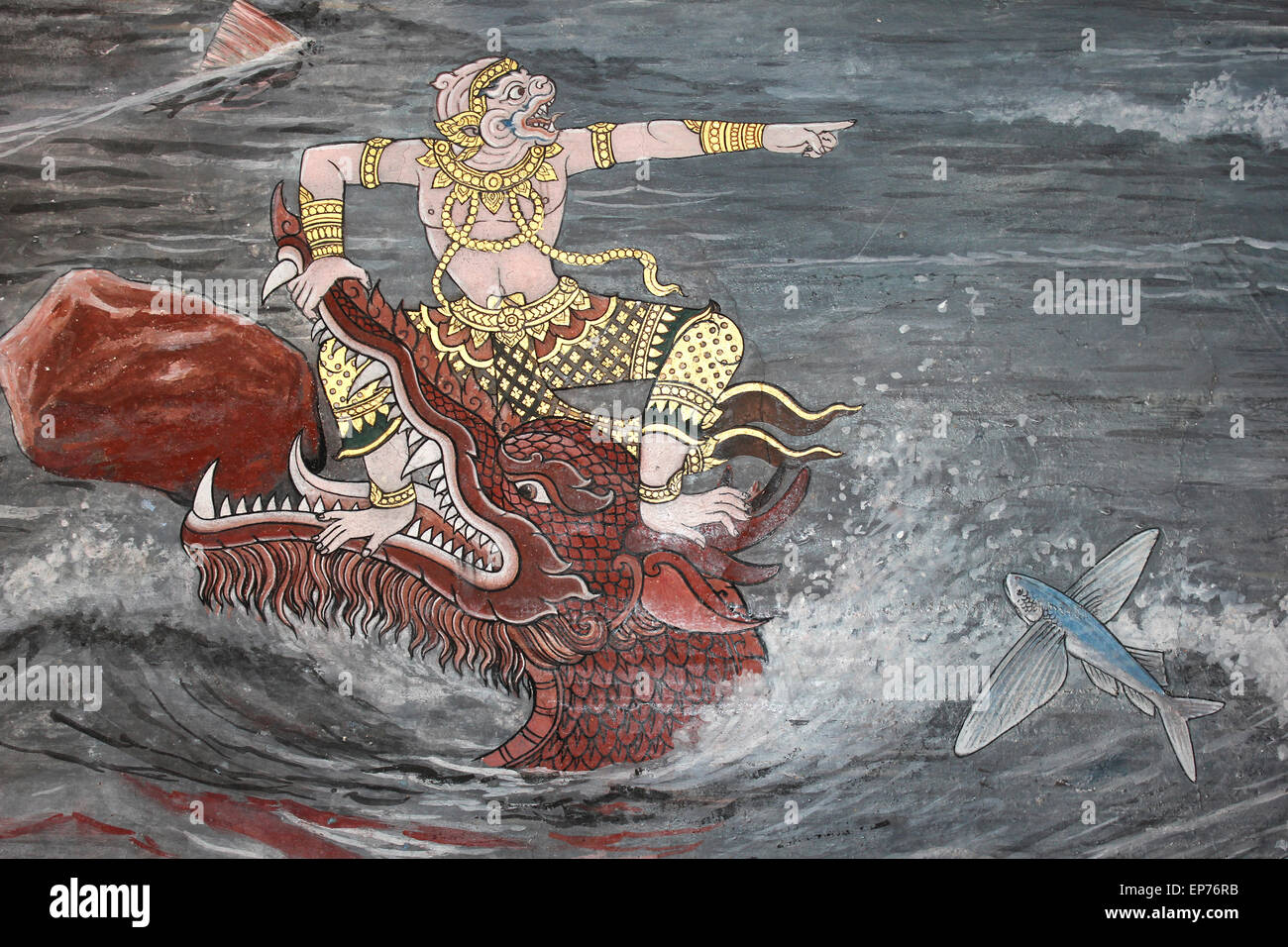 Thai Mural Painting In The Phra Rabiang (The Gallery) in Wat Phra Kaew (Temple of Emerald Buddha), Bangkok Stock Photo