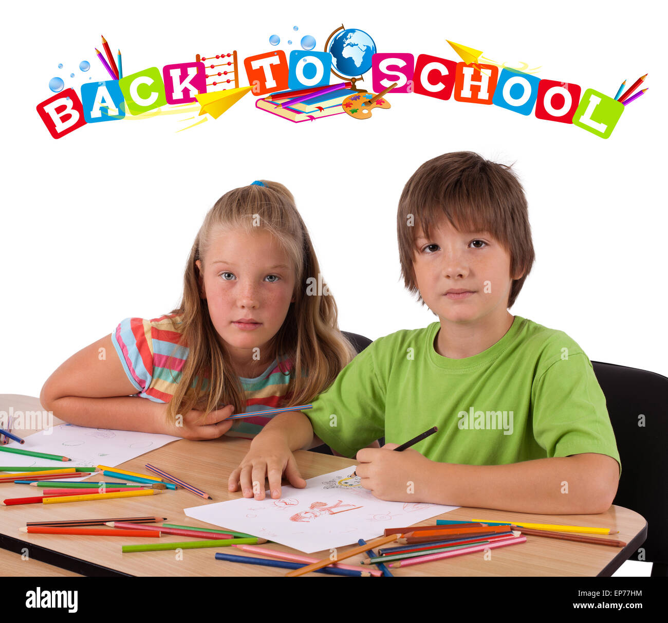 Kids with back to school theme isolated on white Stock Photo - Alamy