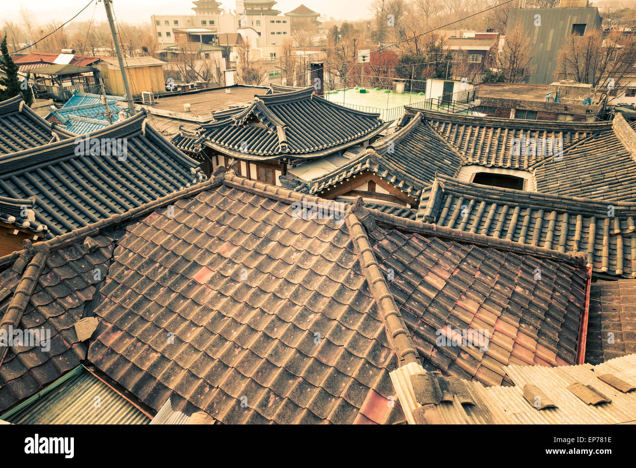 Looking out over the traditional Korean style roof tops of Bukchon