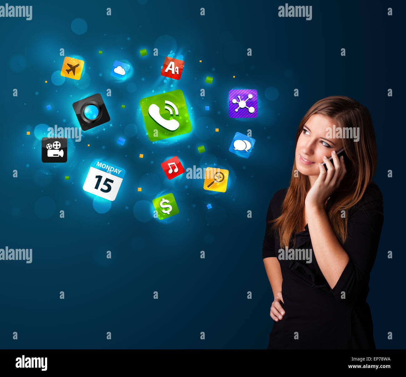 Young woman calling by phone with various icons Stock Photo - Alamy
