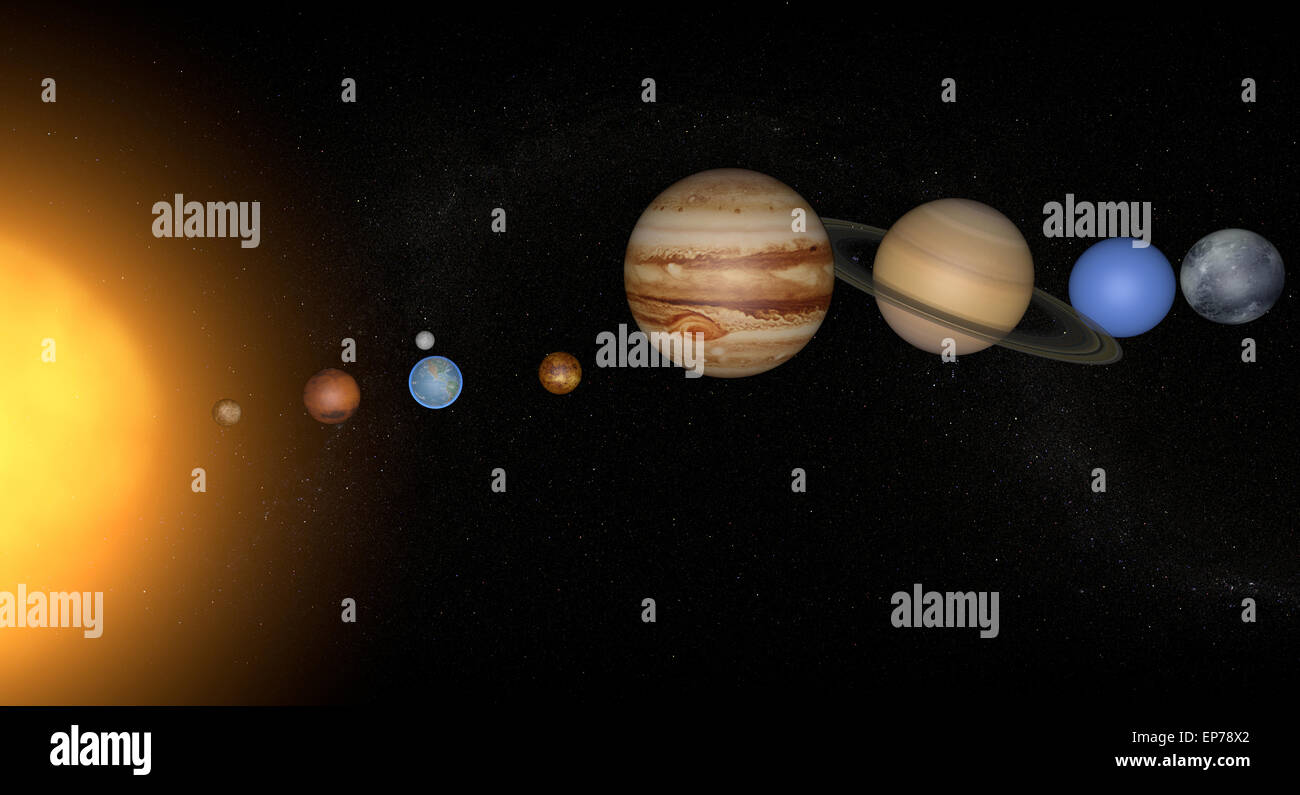 Vector illustration of planets of the solar system and few of their satellites, as well as several distant dwarf planets Stock Photo