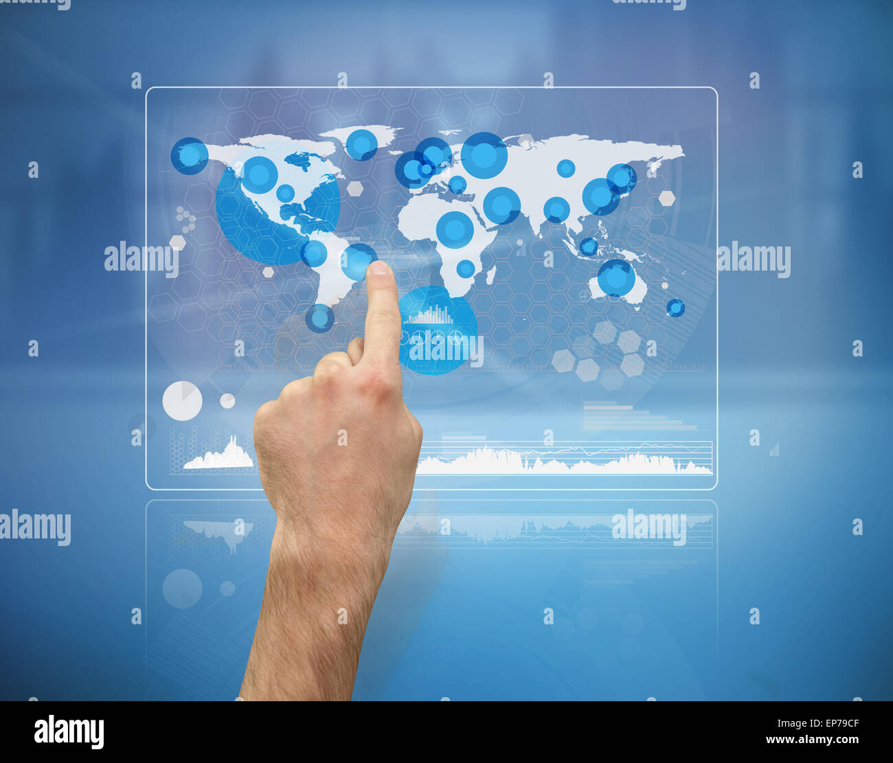 Hand pointing a futuristic screen with the world map Stock Photo - Alamy