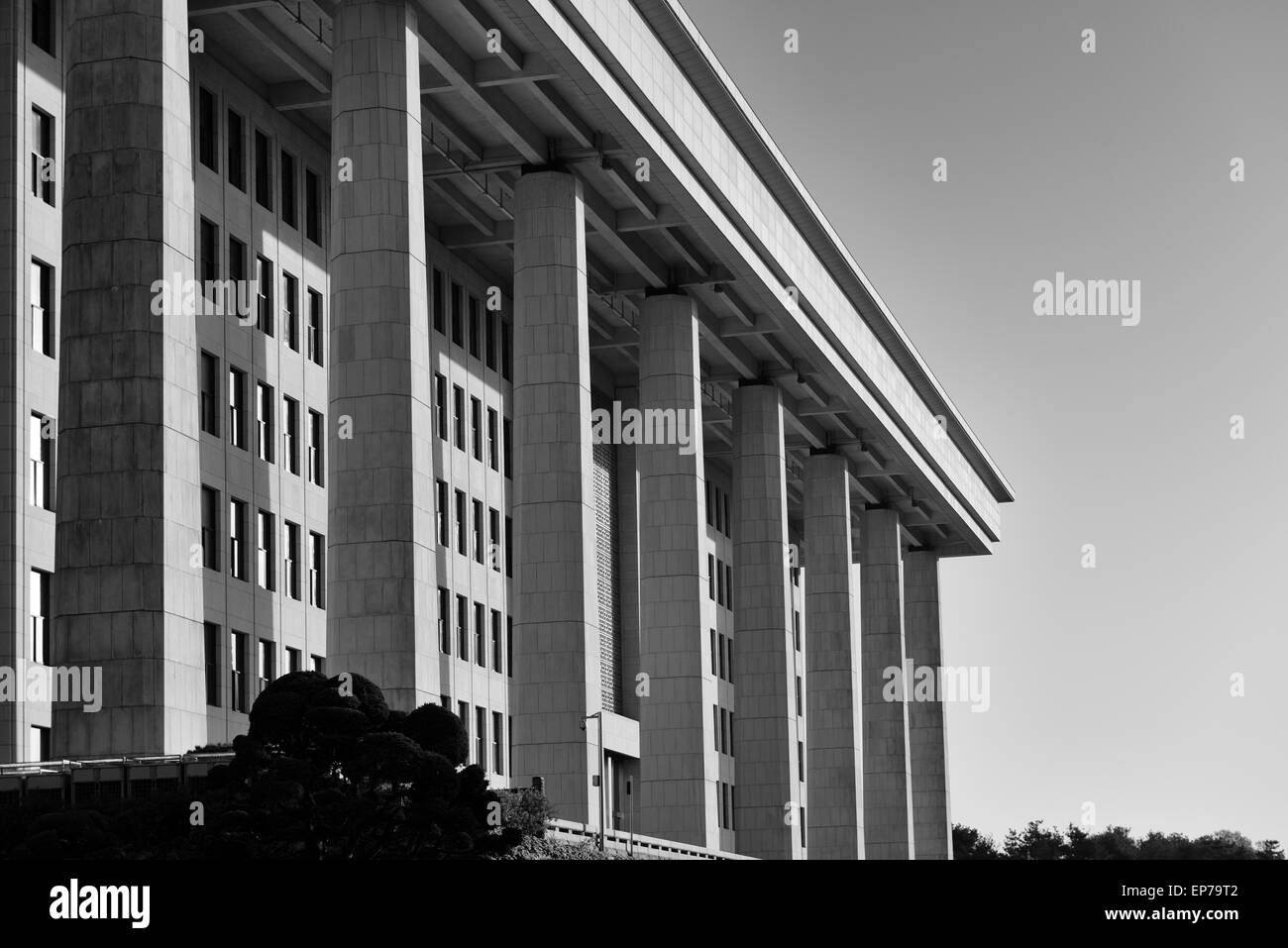 Black and white of the imposing facade of the National Assembly of South Korea in Seoul. Stock Photo