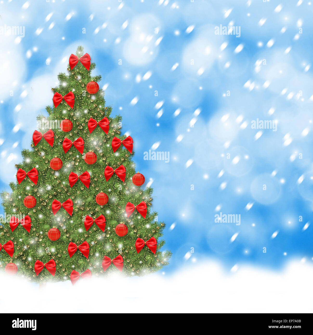 Christmas tree with red balls and beautiful bows on abstract snowy