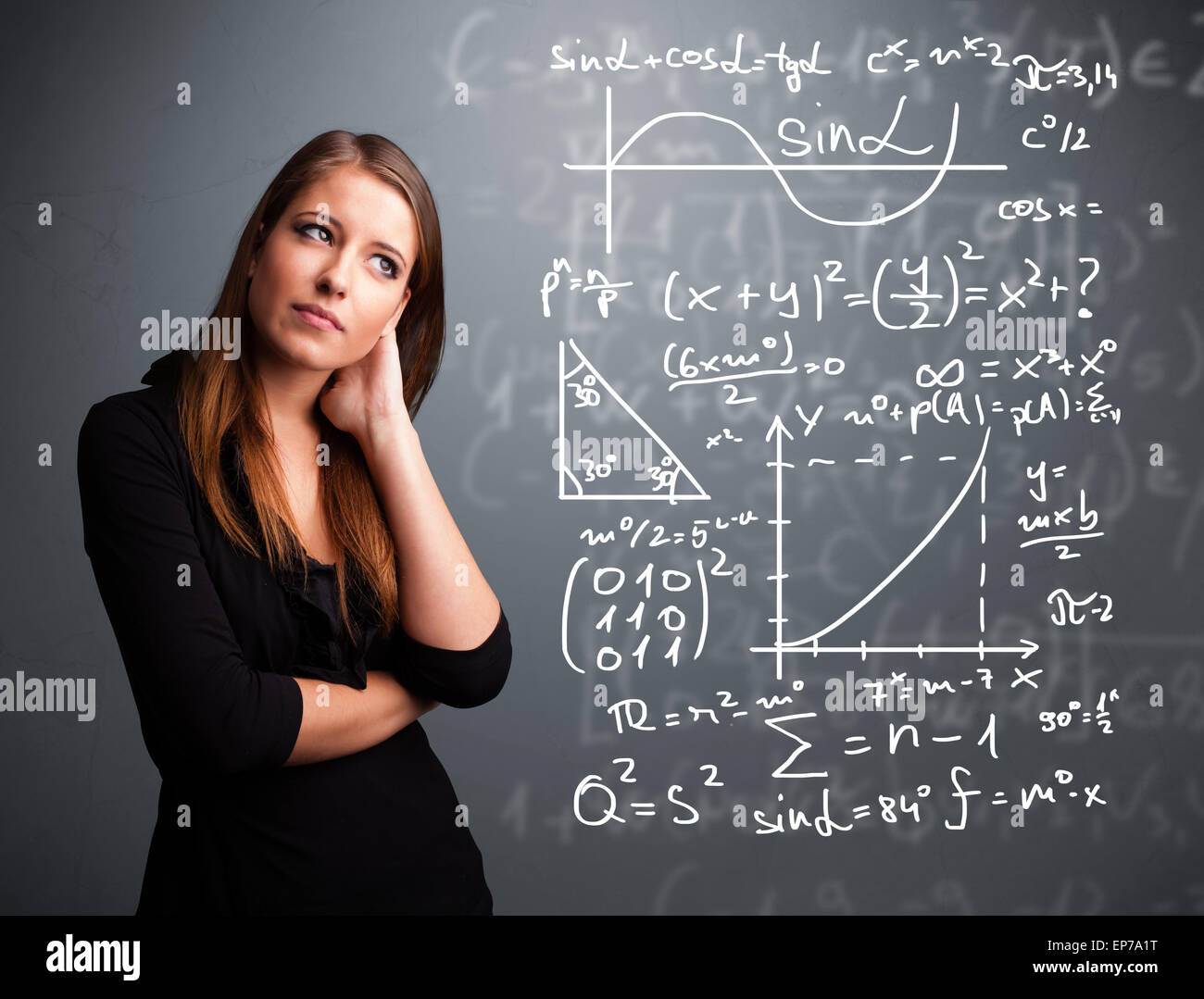 Beautiful school girl thinking about complex mathematical signs Stock ...