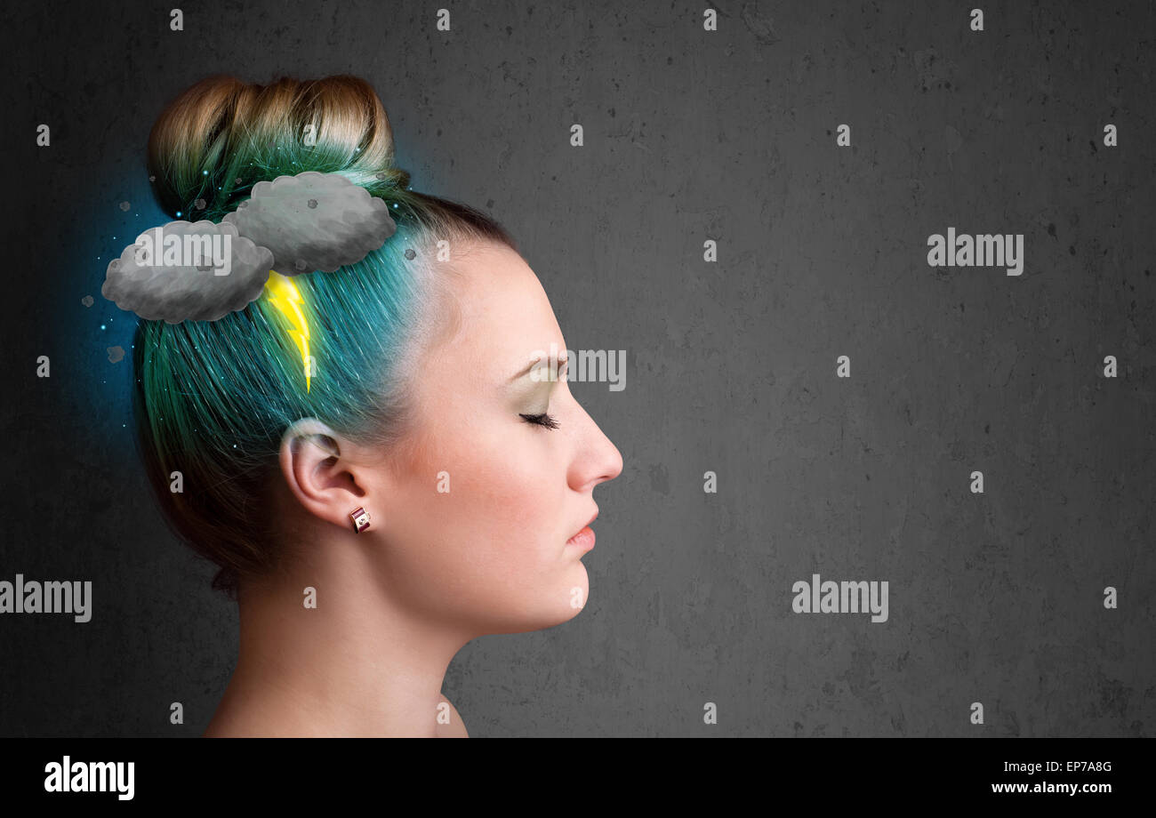 Young girl with thunderstorm lightning headache Stock Photo Alamy