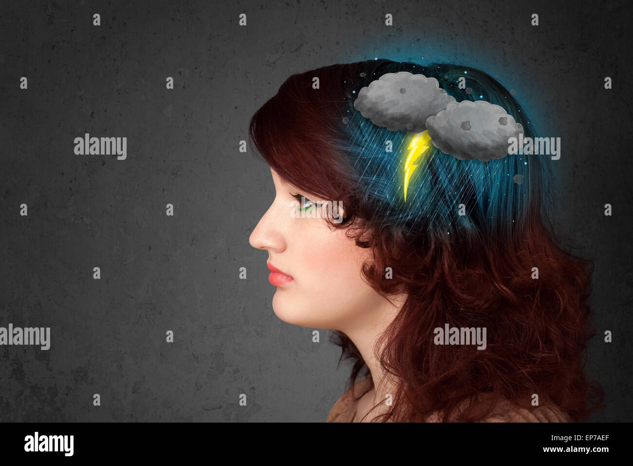 Young girl with thunderstorm lightning headache Stock Photo Alamy