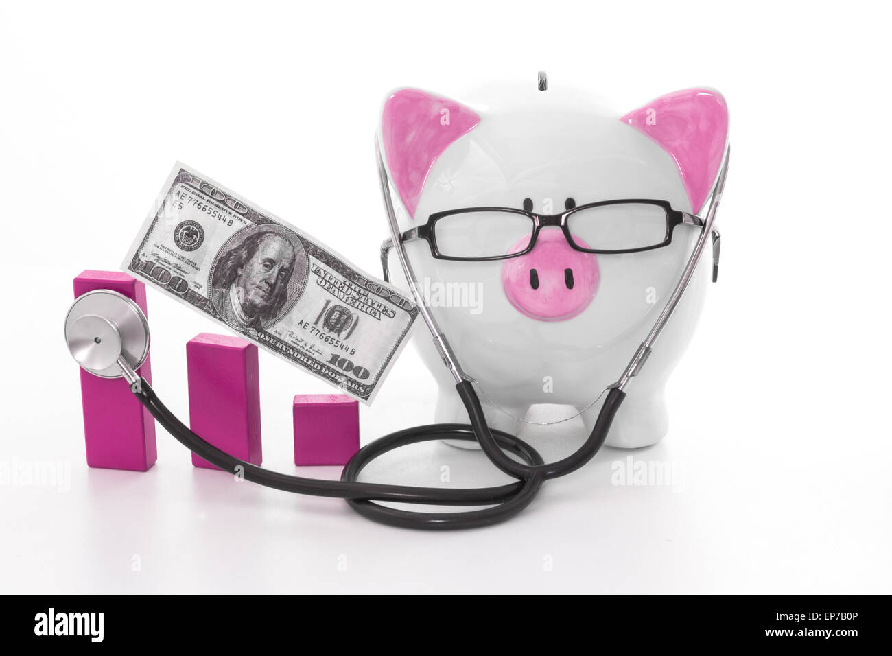 Pink and white piggy bank wearing glasses and stethoscope Stock Photo ...