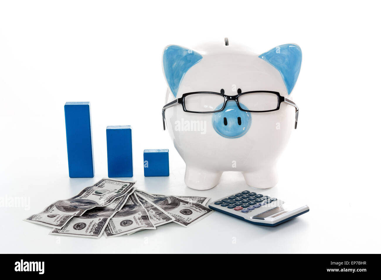 Piggy bank wearing glasses with dollars calculator and blue graph model ...