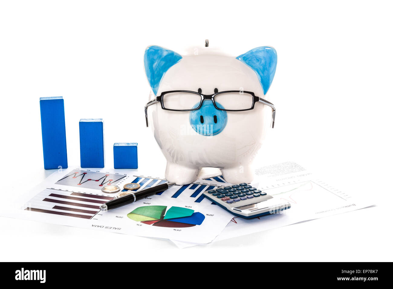 Piggy bank wearing glasses with accountancy paperwork Stock Photo - Alamy
