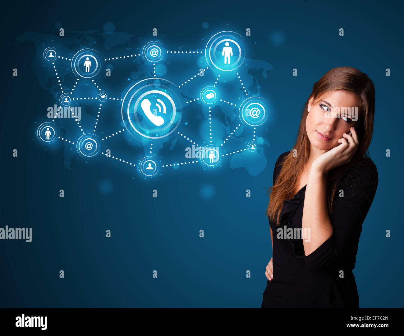 Pretty girl making phone call with social network icons Stock Photo - Alamy