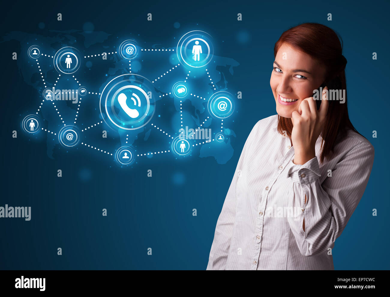 Pretty girl making phone call with social network icons Stock Photo - Alamy