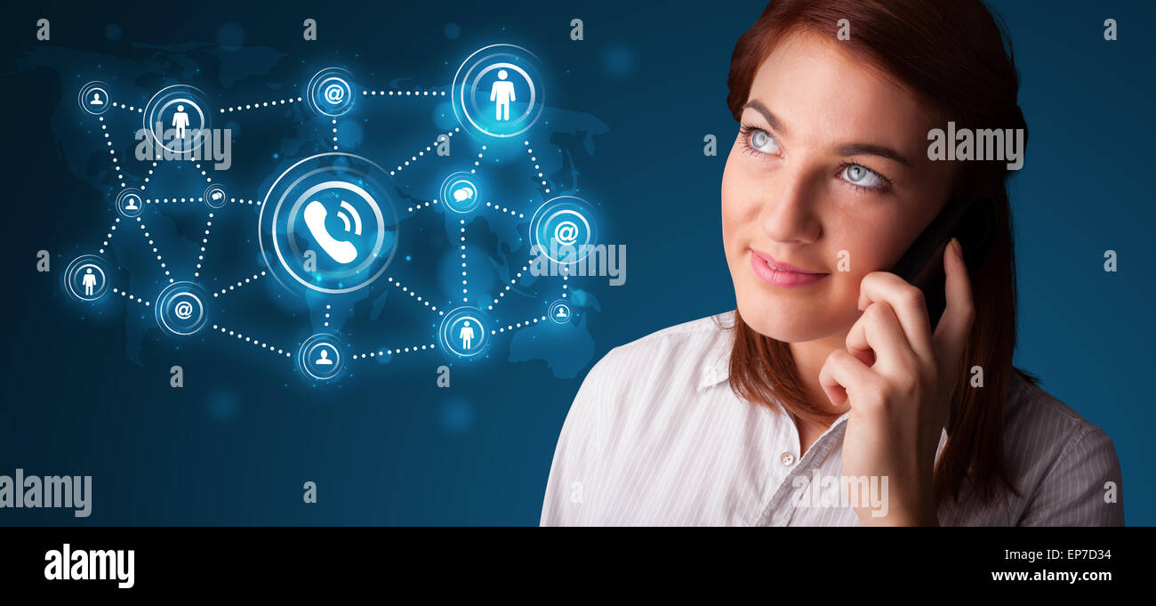 Pretty girl making phone call with social network icons Stock Photo - Alamy