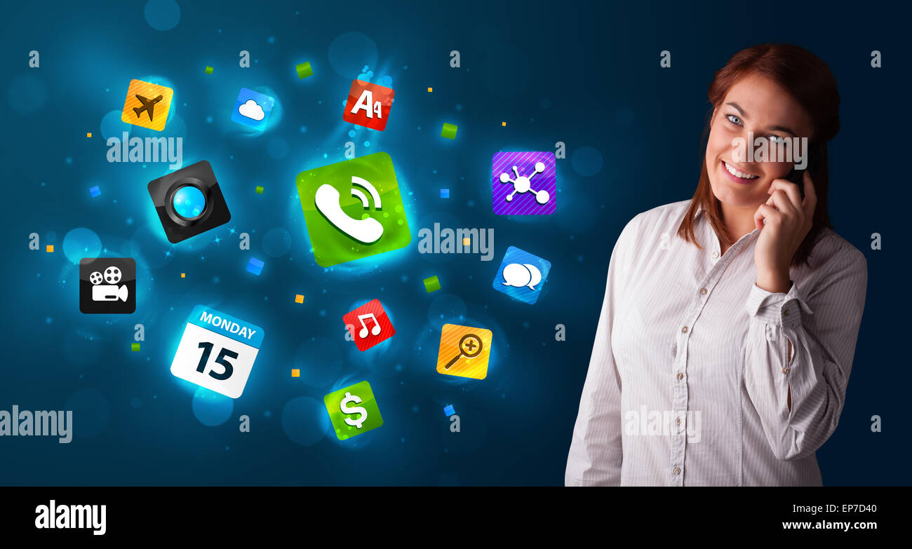Young woman calling by phone with various icons Stock Photo - Alamy