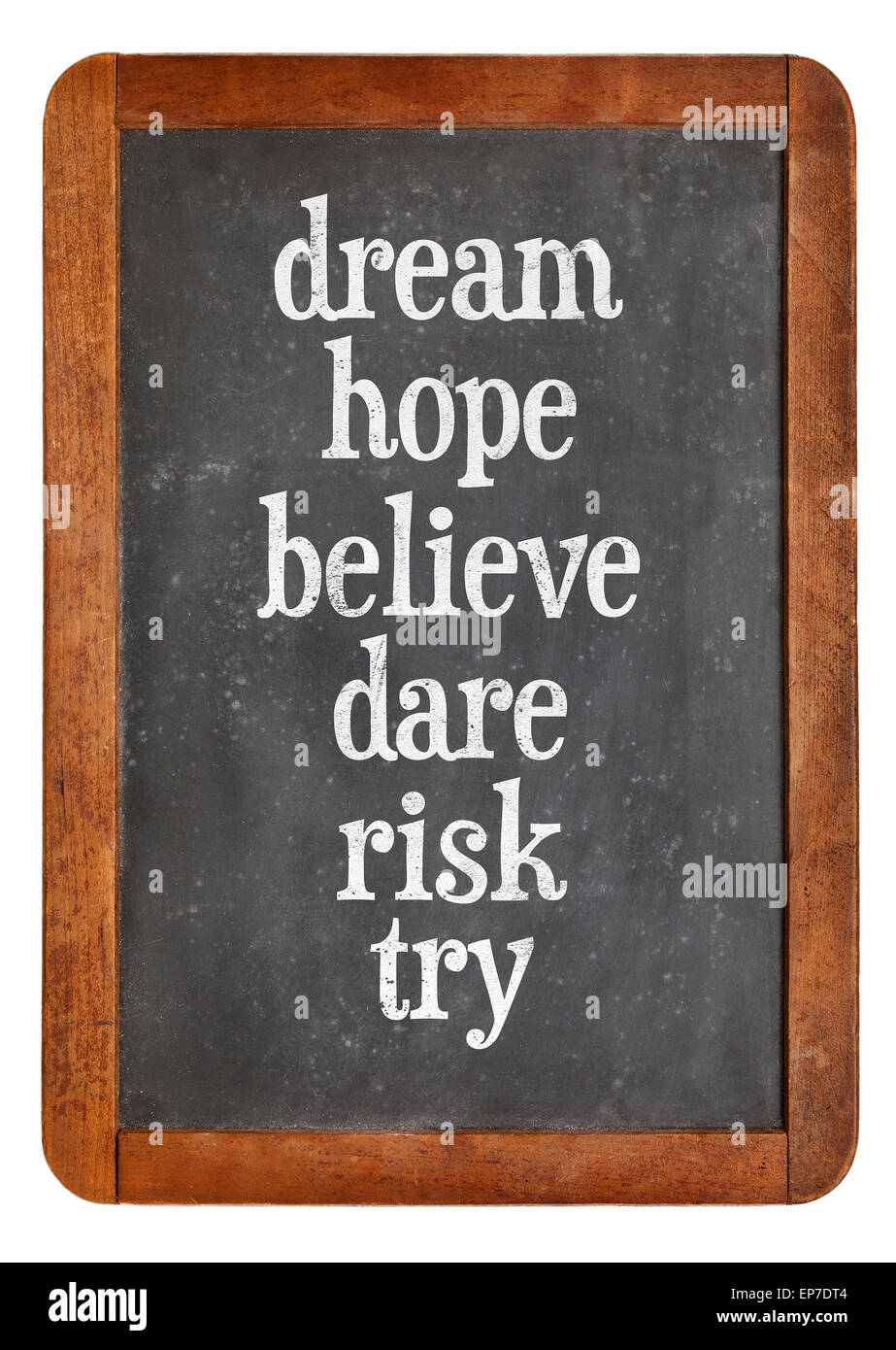 dream, hope, believe, dare, risk try - a set of motivational words n on a vintage slate blackboard Stock Photo