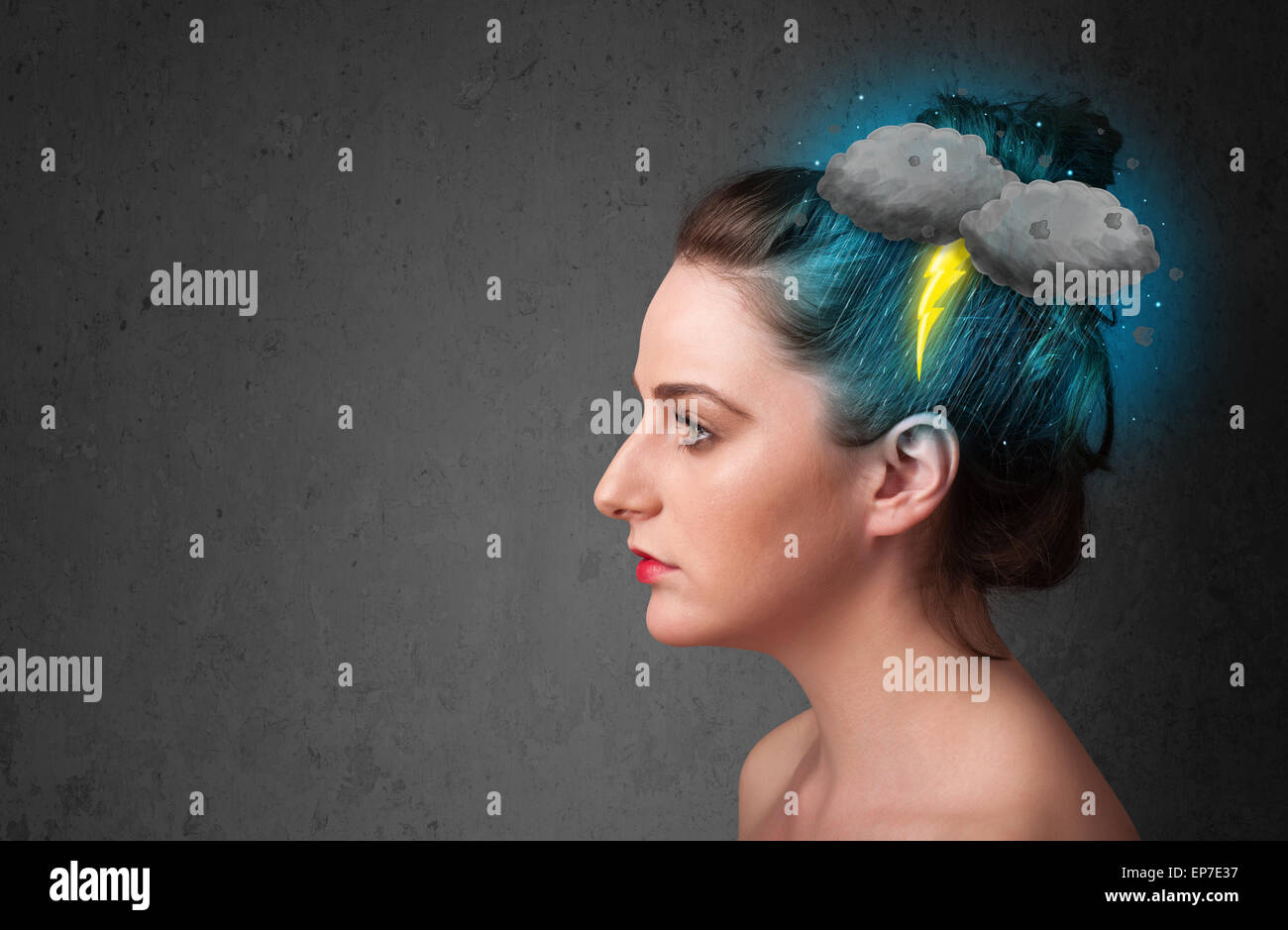 Young girl with thunderstorm lightning headache Stock Photo Alamy