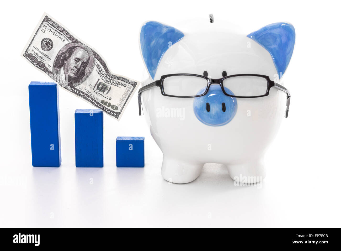 Piggy bank wearing glasses with blue graph model Stock Photo - Alamy