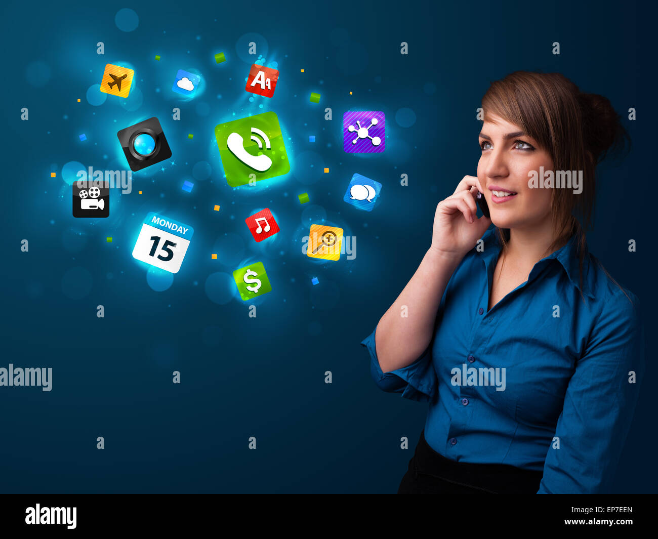 Young woman calling by phone with various icons Stock Photo - Alamy