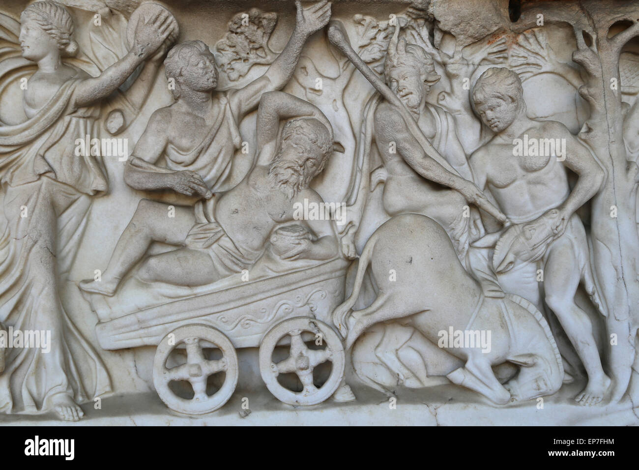 Sarcophagus with Dionysiac ceremonial procession. 2nd c. Roman. Detail relief. Stock Photo
