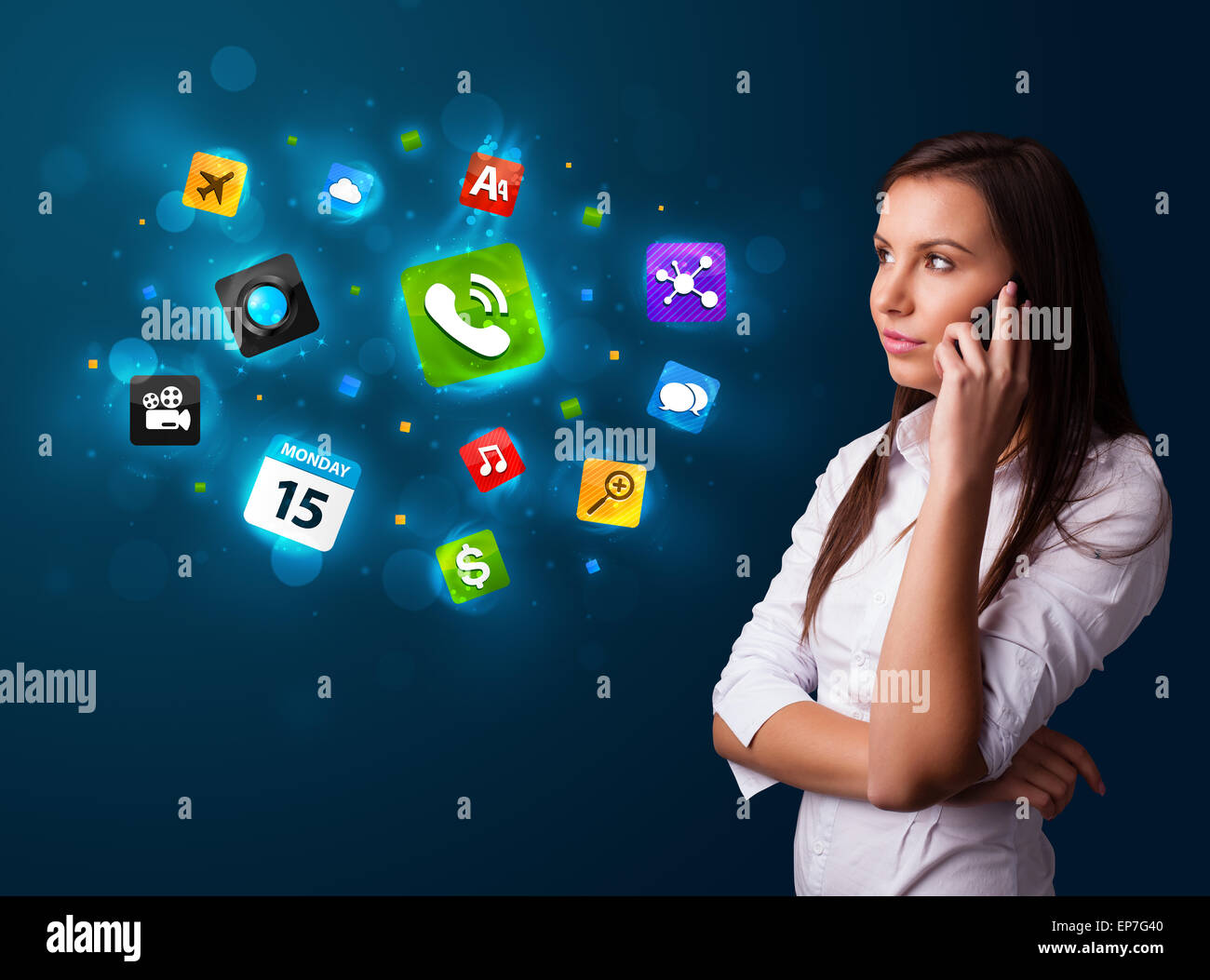 Young woman calling by phone with various icons Stock Photo - Alamy