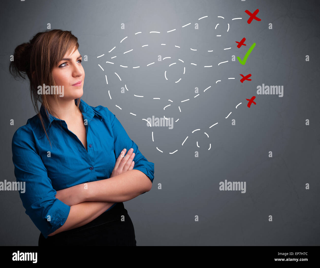 Young woman choosing between right and wrong signs Stock Photo