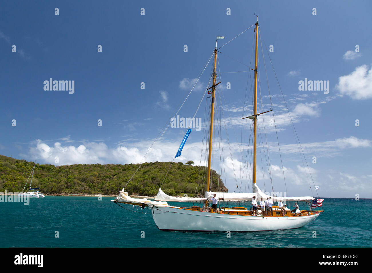 Classic yacht in Freeman's Bay, participating in the Antigua Classic Yacht Regatta 2015 Stock Photo