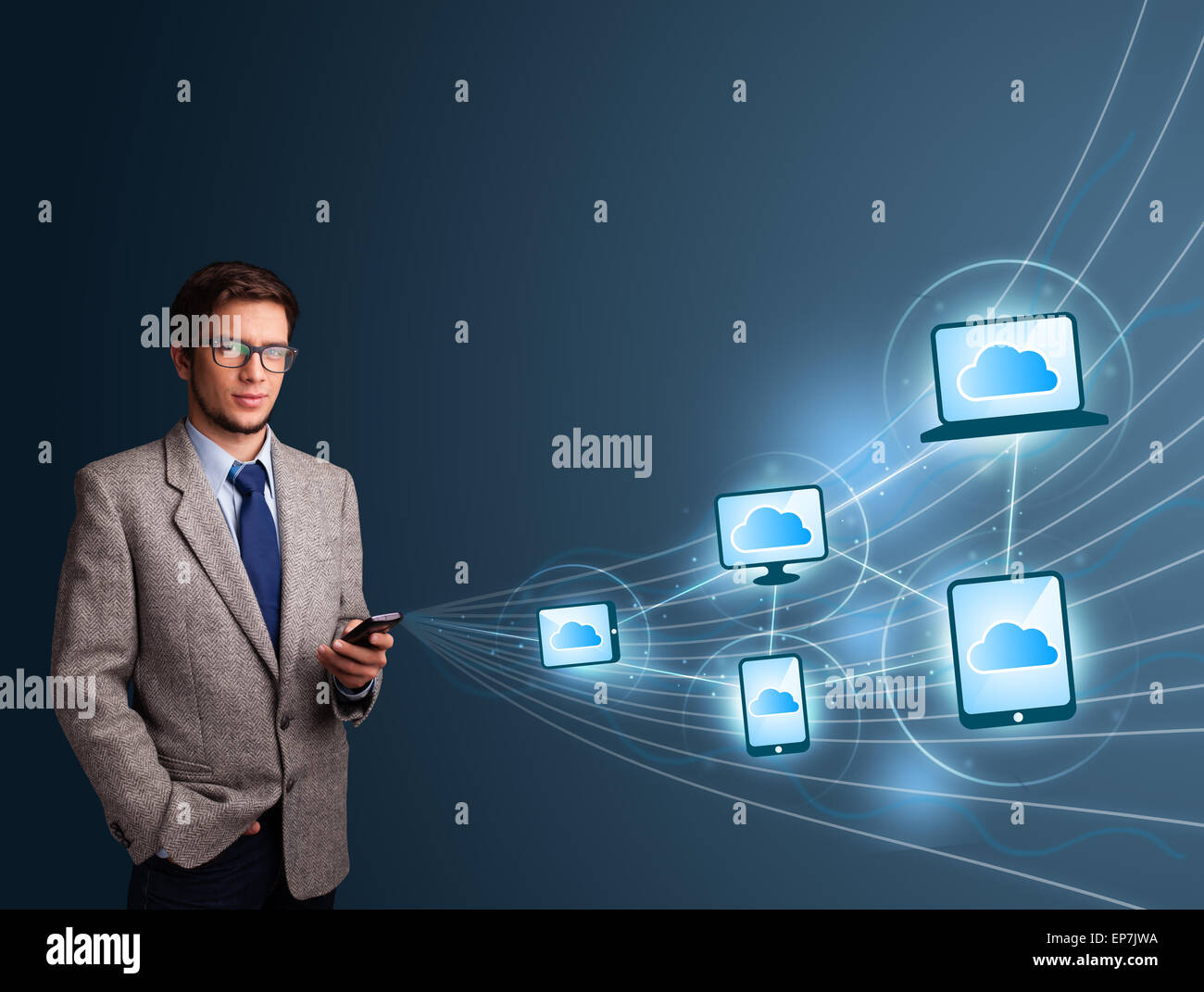 Handsome man typing on smartphone with cloud computing Stock Photo - Alamy