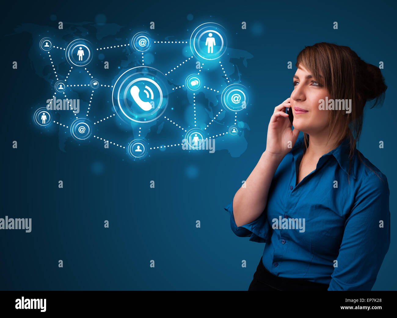 Pretty girl making phone call with social network icons Stock Photo - Alamy