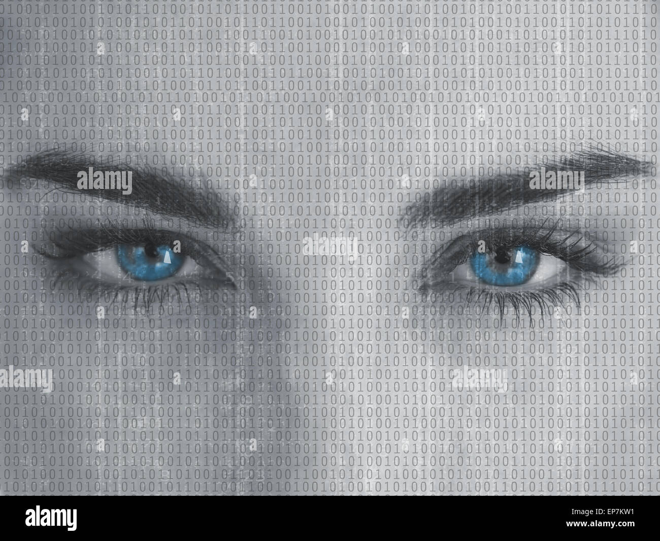Attractive blue eyed woman with binary code on face Stock Photo - Alamy