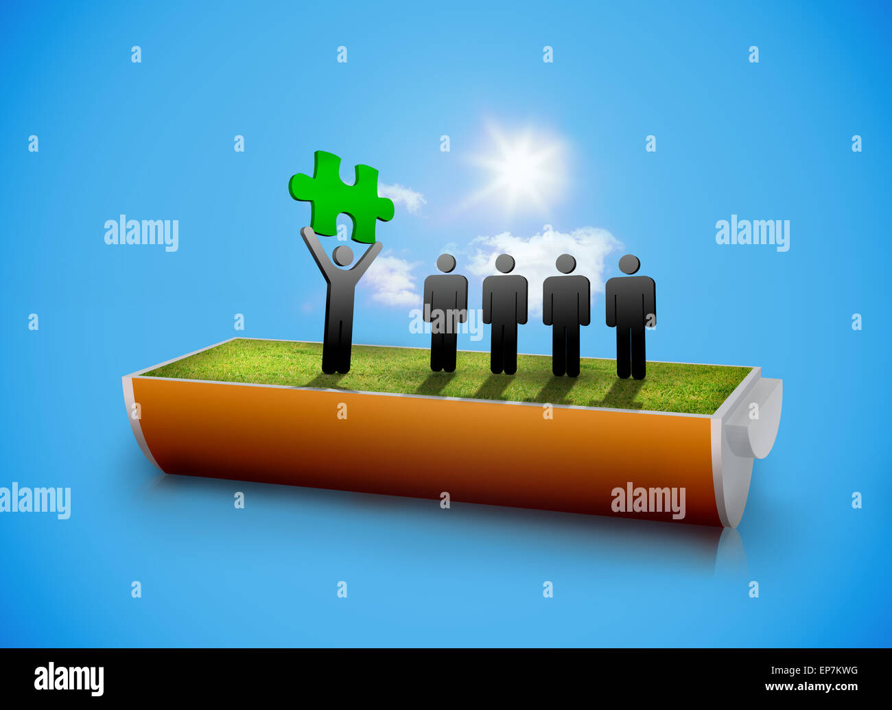 Character showing green jigsaw piece to others in half battery Stock Photo