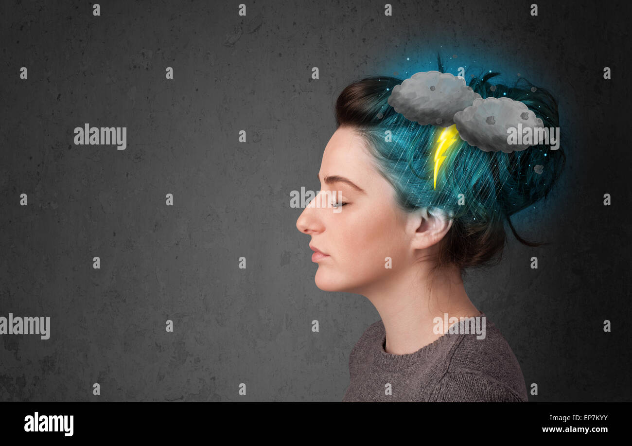 Young girl with thunderstorm lightning headache Stock Photo Alamy
